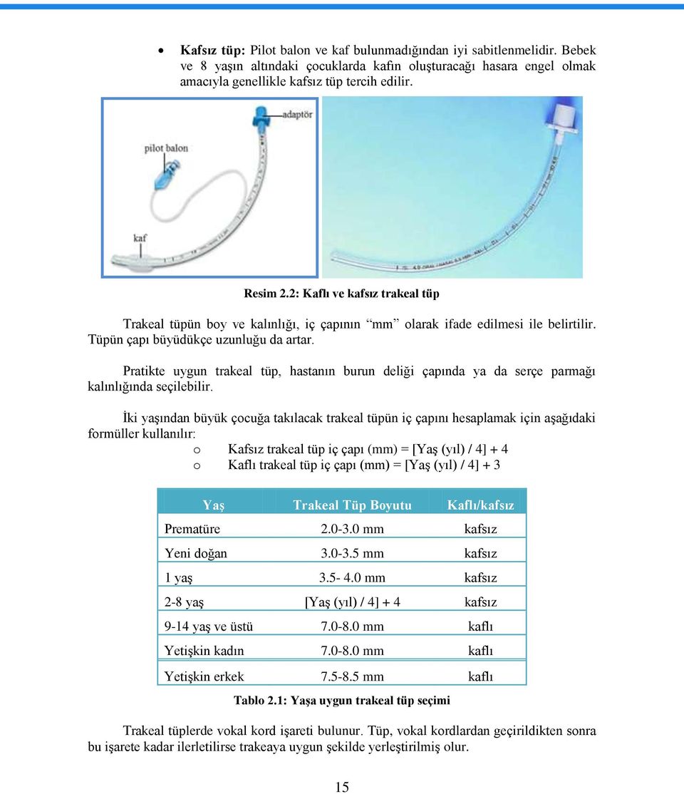 Pratikte uygun trakeal tüp, hastanın burun deliği çapında ya da serçe parmağı kalınlığında seçilebilir.