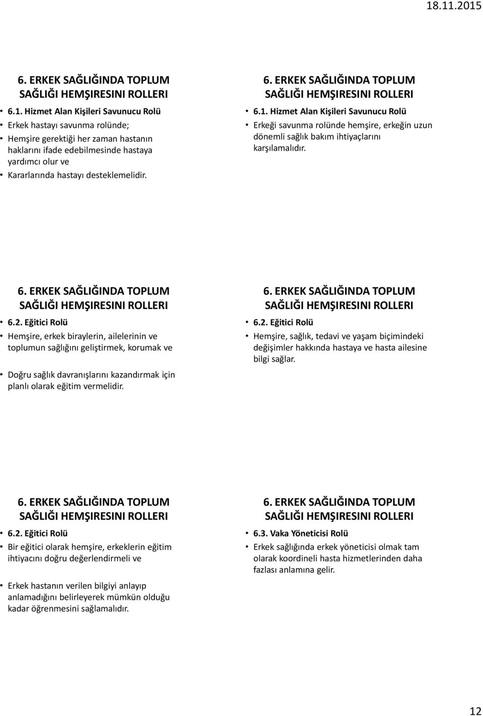 Eğitici Rolü Hemşire, erkek biraylerin, ailelerinin ve toplumun sağlığını geliştirmek, korumak ve Doğru sağlık davranışlarını kazandırmak için planlı olarak eğitim vermelidir. 6.2.