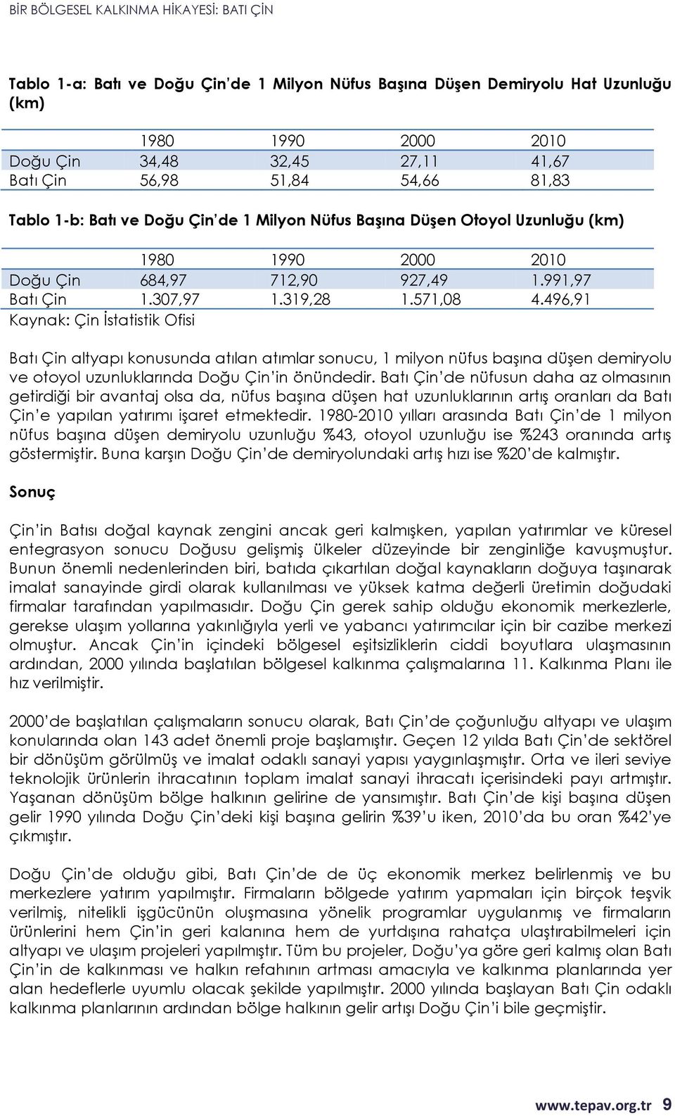 496,91 Kaynak: Çin İstatistik Ofisi Batı Çin altyapı konusunda atılan atımlar sonucu, 1 milyon nüfus başına düşen demiryolu ve otoyol uzunluklarında Doğu Çin in önündedir.