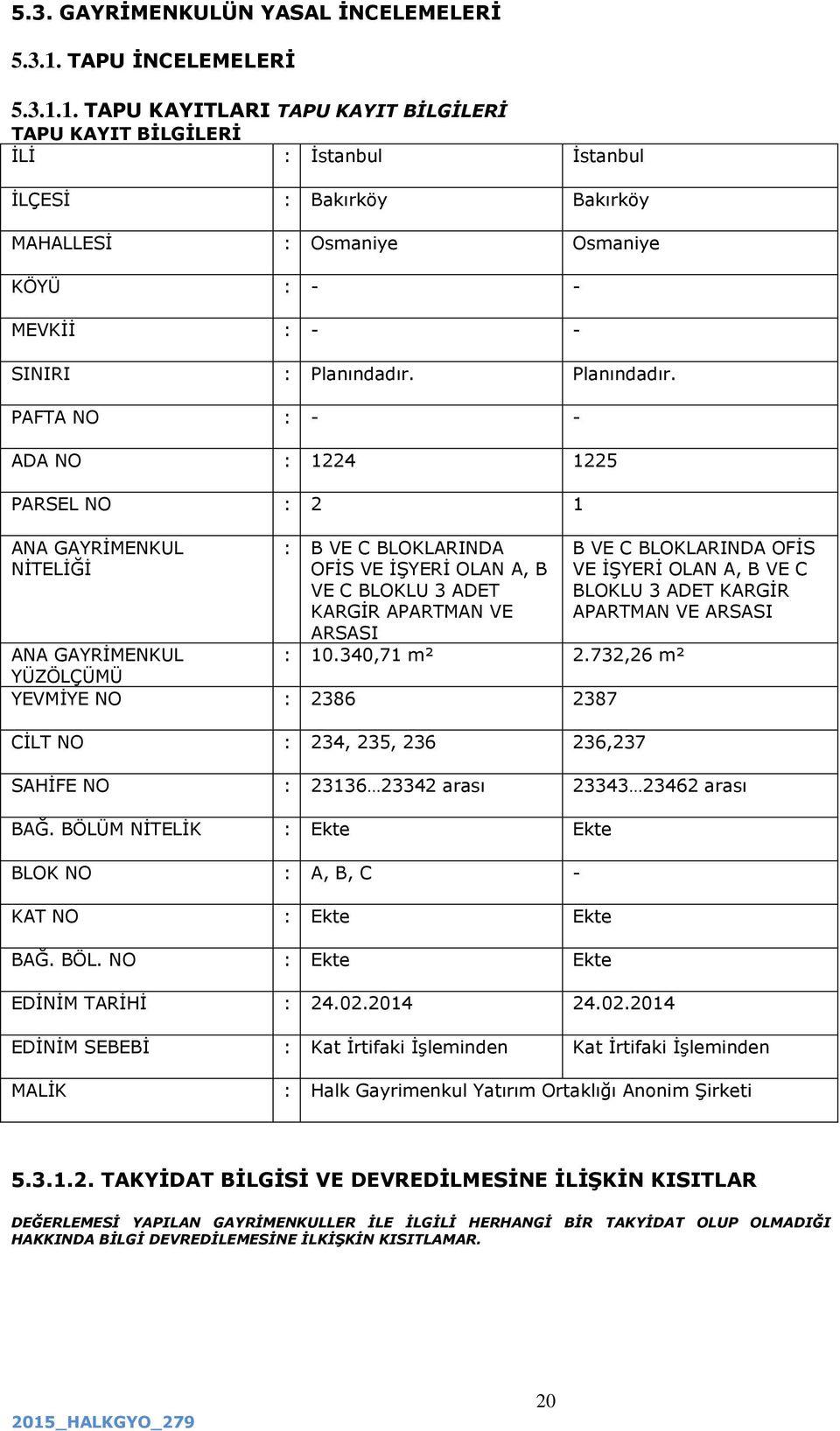 1. TAPU KAYITLARI TAPU KAYIT BİLGİLERİ TAPU KAYIT BİLGİLERİ İLİ : İstanbul İstanbul İLÇESİ : Bakırköy Bakırköy MAHALLESİ : Osmaniye Osmaniye KÖYÜ : - - MEVKİİ : - - SINIRI : Planındadır.