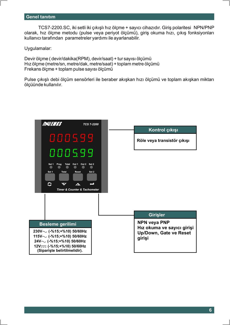 Uygulamalar: Devir ölçme ( devir/dakika(rpm), devir/saat) + tur sayýsý ölçümü Hýz ölçme (metre/sn, metre/dak, metre/saat) + toplam metre ölçümü Frekans ölçme + toplam pulse sayýsý ölçümü Pulse