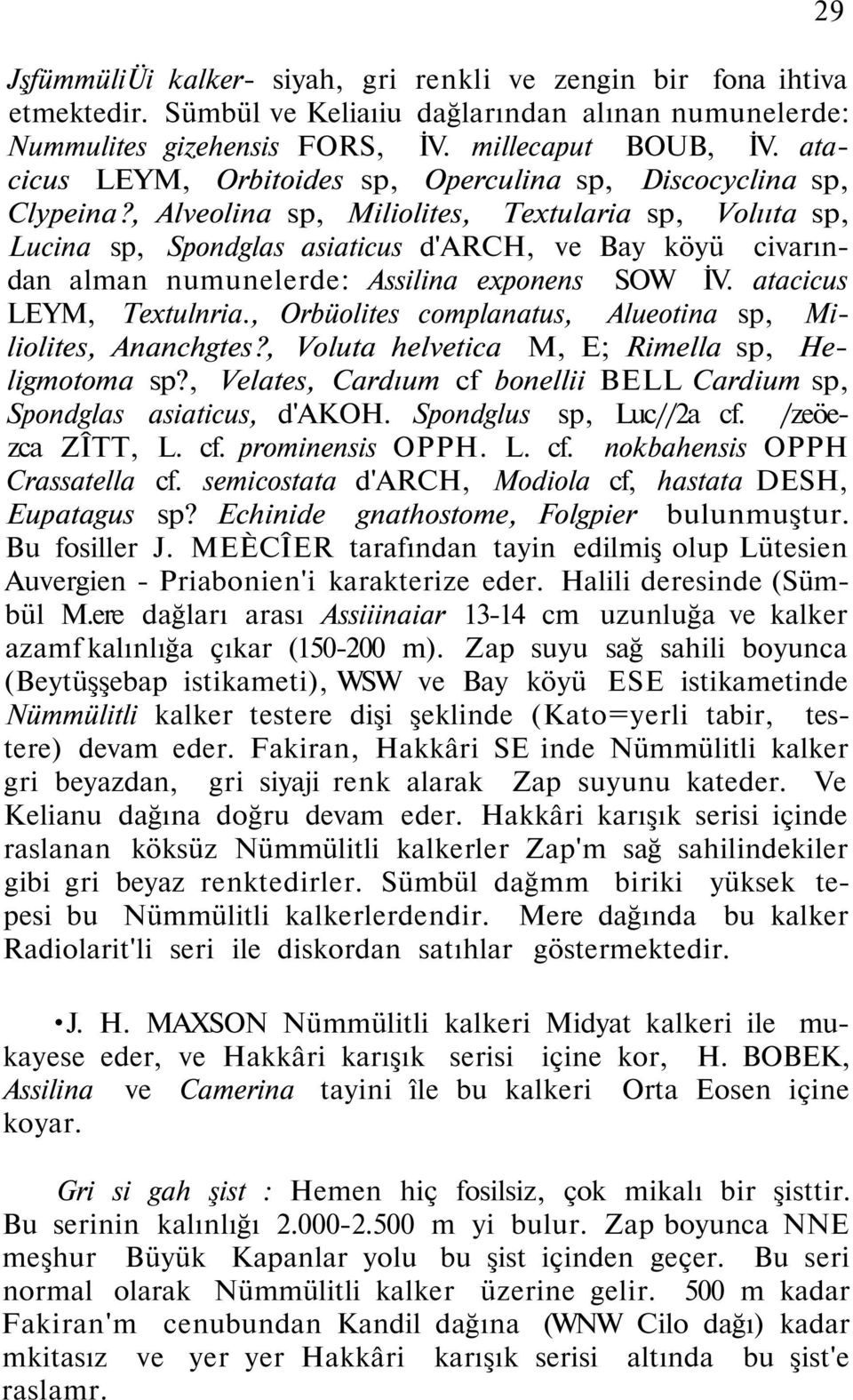 , Alveolina sp, Miliolites, Textularia sp, Volııta sp, Lucina sp, Spondglas asiaticus d'arch, ve Bay köyü civarından alman numunelerde: Assilina exponens SOW İV. atacicus LEYM, Textulnria.