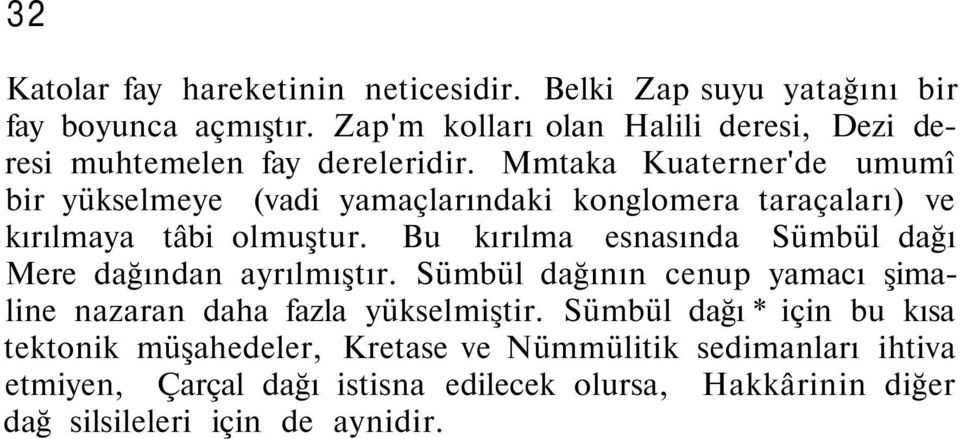 Mmtaka Kuaterner'de umumî bir yükselmeye (vadi yamaçlarındaki konglomera taraçaları) ve kırılmaya tâbi olmuştur.