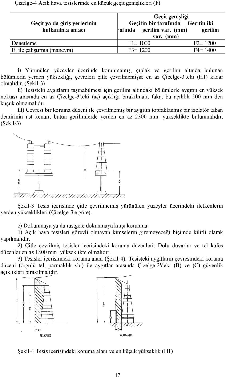 (mm) Denetleme F1= 1000 F2= 1200 El ile çalıştırma (manevra) F3= 1200 F4= 1400 i) Yürünülen yüzeyler üzerinde korunmamış, çıplak ve gerilim altında bulunan bölümlerin yerden yüksekliği, çevreleri