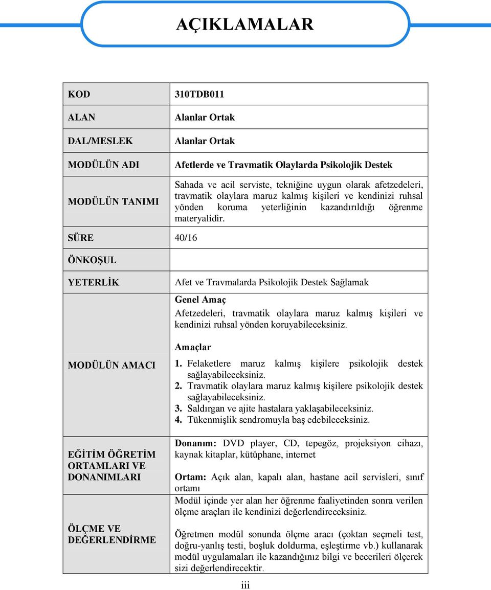 SÜRE 40/16 ÖNKOŞUL YETERLİK MODÜLÜN AMACI EĞİTİM ÖĞRETİM ORTAMLARI VE DONANIMLARI ÖLÇME VE DEĞERLENDİRME Afet ve Travmalarda Psikljik Destek Sağlamak Genel Amaç Afetzedeleri, travmatik laylara maruz