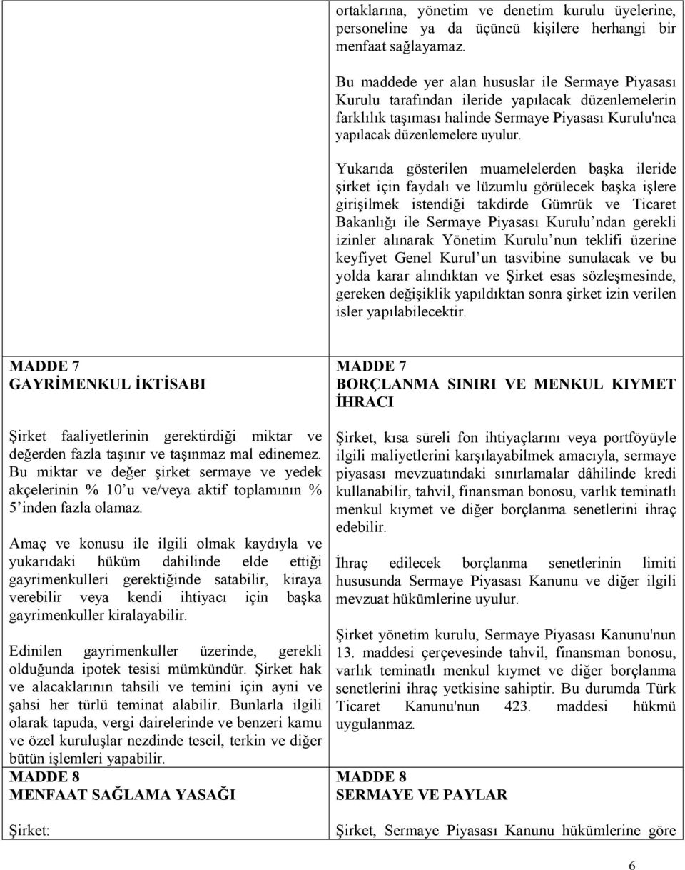 Yukarıda gösterilen muamelelerden başka ileride şirket için faydalı ve lüzumlu görülecek başka işlere girişilmek istendiği takdirde Gümrük ve Ticaret Bakanlığı ile Sermaye Piyasası Kurulu ndan