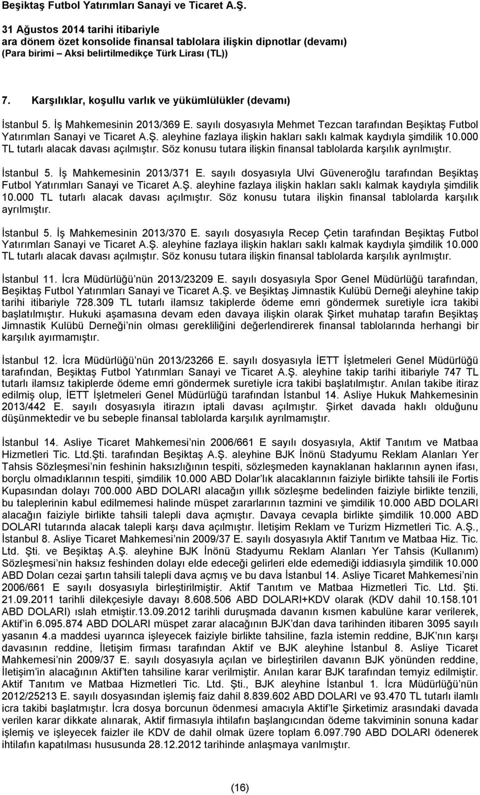 İş Mahkemesinin 2013/371 E. sayılı dosyasıyla Ulvi Güveneroğlu tarafından Beşiktaş Futbol Yatırımları Sanayi ve Ticaret A.Ş.  İş Mahkemesinin 2013/370 E.