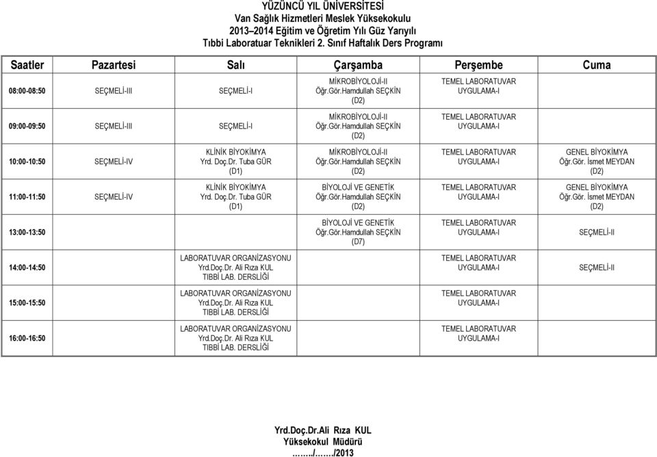Gör.Hamdullah SEÇKİN (D7) I LABORATUVAR ORGANİZASYONU Yrd.Doç.Dr. Ali Rıza KUL TIBBİ LAB. DERSLİĞİ I LABORATUVAR ORGANİZASYONU Yrd.Doç.Dr. Ali Rıza KUL TIBBİ LAB. DERSLİĞİ LABORATUVAR ORGANİZASYONU Yrd.