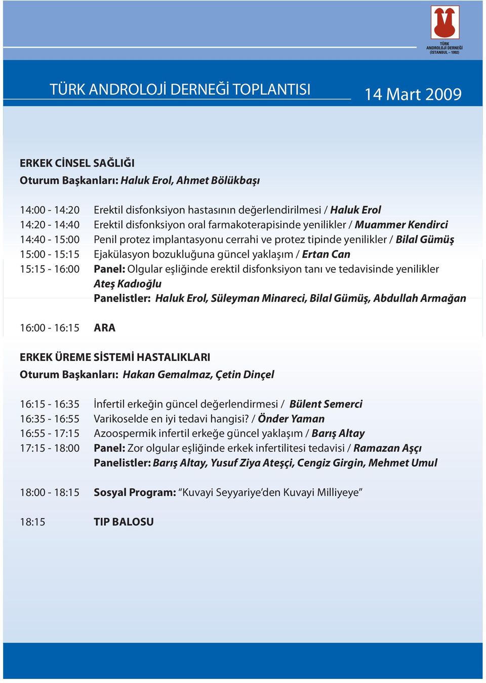 Ejakülasyon bozukluðuna güncel yaklaþým / Ertan Can 15:15-16:00 Panel: Olgular eþliðinde erektil disfonksiyon taný ve tedavisinde yenilikler Ateþ Kadýoðlu Panelistler: Haluk Erol, Süleyman Minareci,