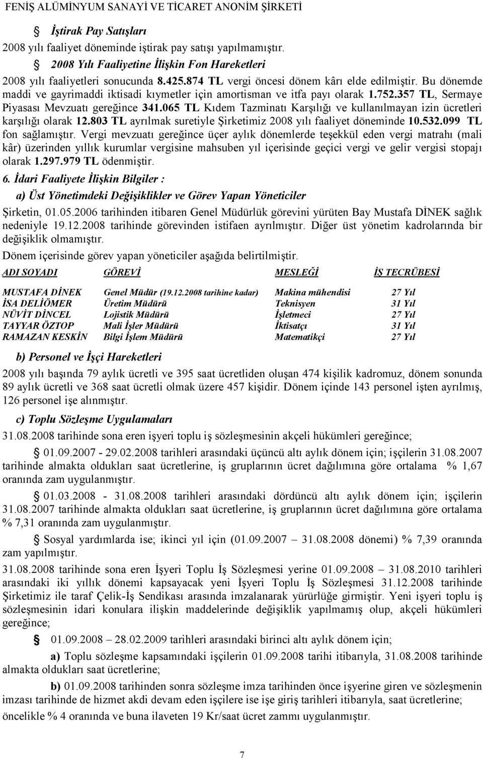 065 TL Kıdem Tazminatı Karşılığı ve kullanılmayan izin ücretleri karşılığı olarak 12.803 TL ayrılmak suretiyle Şirketimiz 2008 yılı faaliyet döneminde 10.532.099 TL fon sağlamıştır.