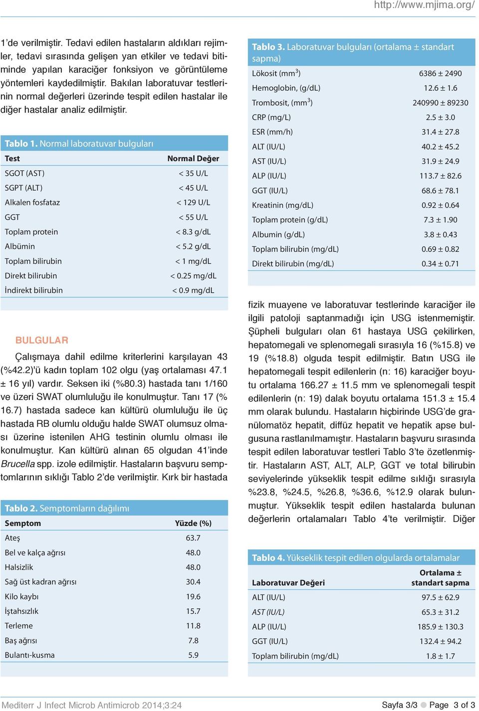 Normal laboratuvar bulguları Test SGOT (AST) SGPT (ALT) Alkalen fosfataz GGT Toplam protein Albümin Toplam bilirubin Direkt bilirubin İndirekt bilirubin BULGULAR Normal Değer < 35 U/L < 45 U/L < 129