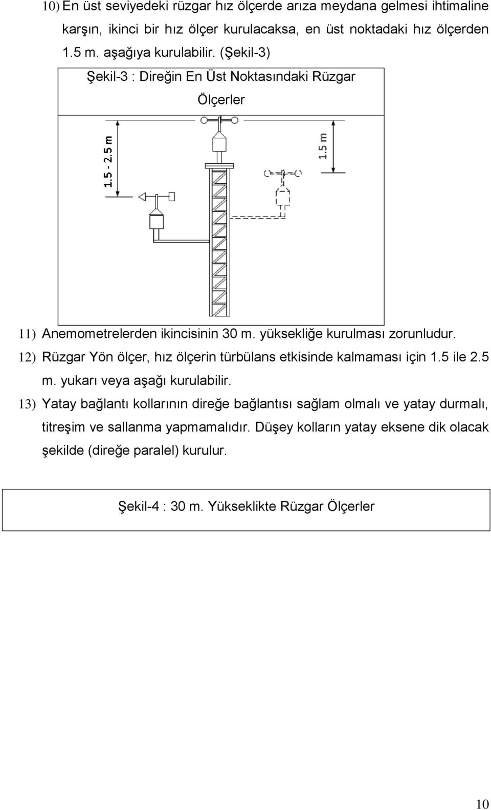 12) Rüzgar Yön ölçer, hız ölçerin türbülans etkisinde kalmaması için 1.5 ile 2.5 m. yukarı veya aşağı kurulabilir.