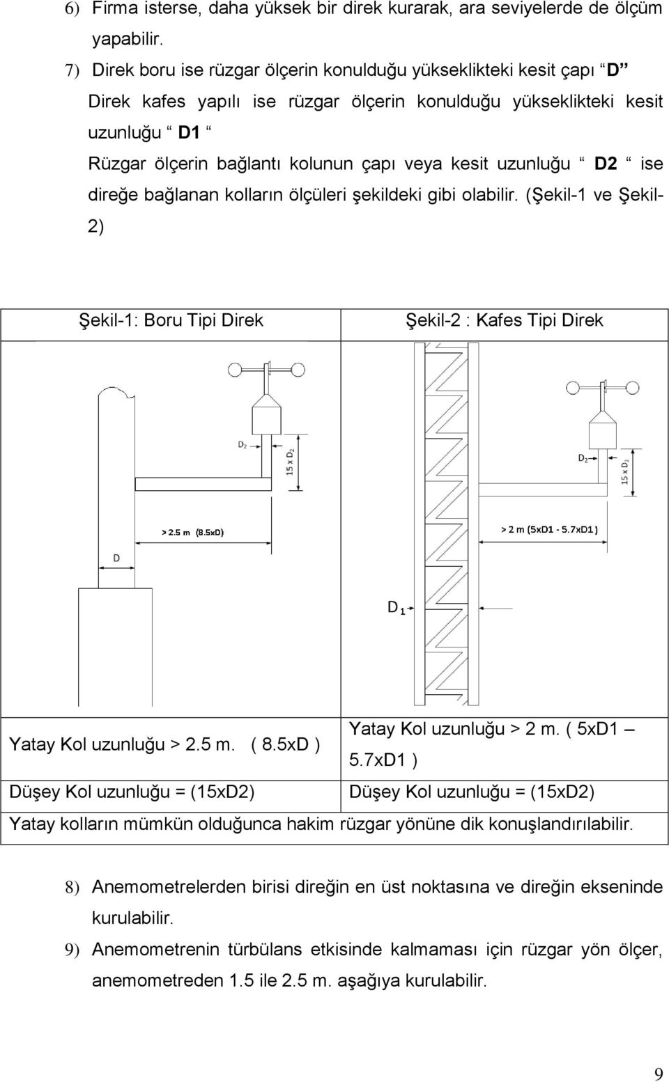 uzunluğu D2 ise direğe bağlanan kolların ölçüleri şekildeki gibi olabilir. (Şekil-1 ve Şekil- 2) Şekil-1: Boru Tipi Direk Şekil-2 : Kafes Tipi Direk Yatay Kol uzunluğu > 2.5 m. ( 8.