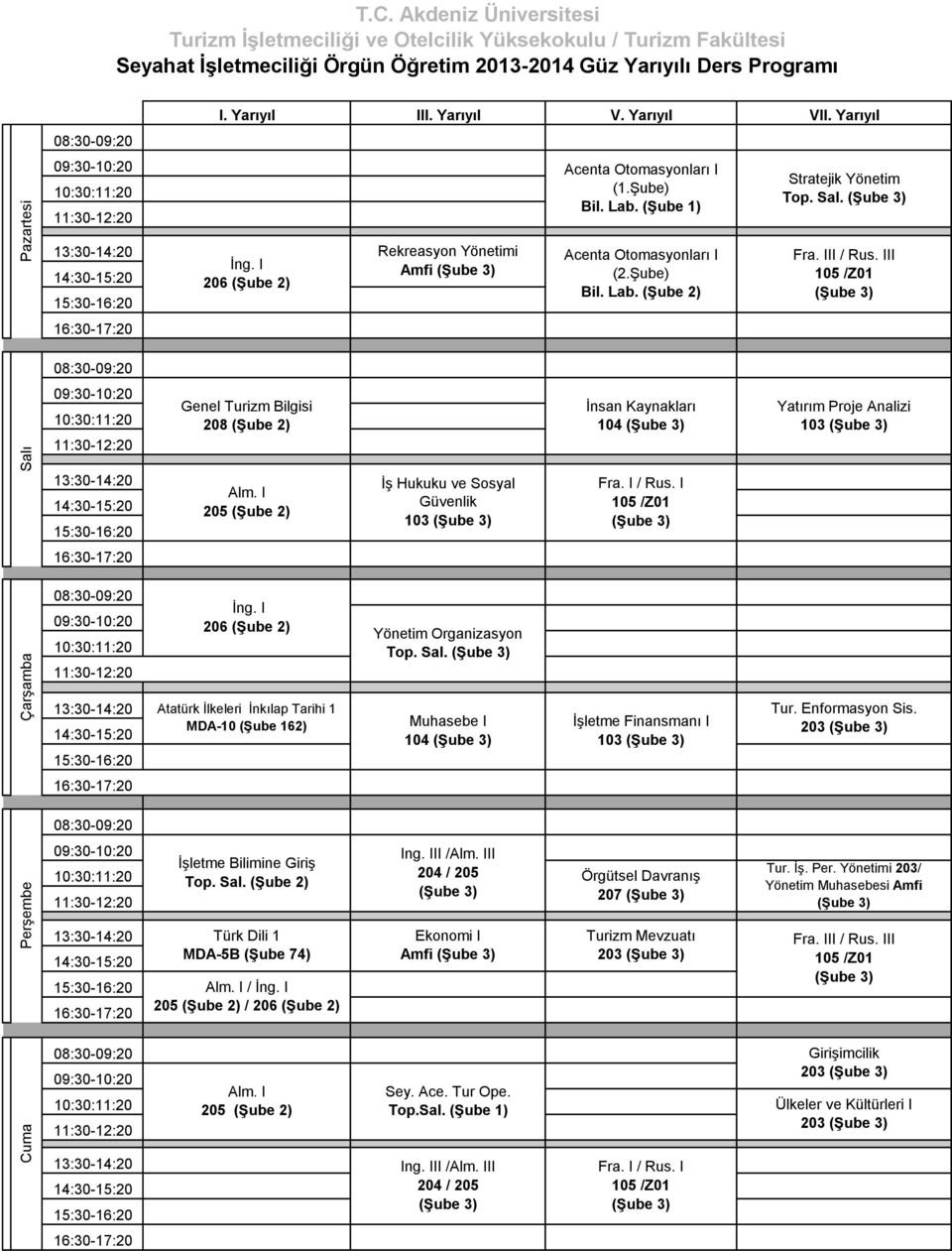 Sal. Muhasebe I 104 II /II 204 / 205 Ekonomi I Amfi İşletme Finansmanı I 103 207 Turizm Mevzuatı 203 Tur. Enformasyon Sis. 203 Tur. İş. Per.