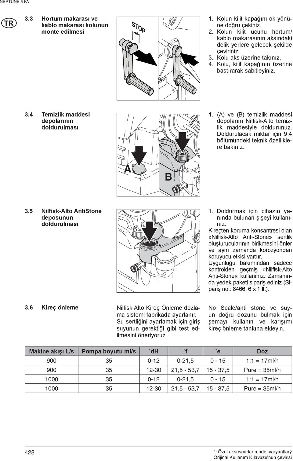 (A) ve (B) temizlik maddesi depolarını Nilfisk-Alto temizlik maddesiyle doldurunuz. Doldurulacak miktar için 9.4 bölümündeki teknik özelliklere bakınız. A B 3.