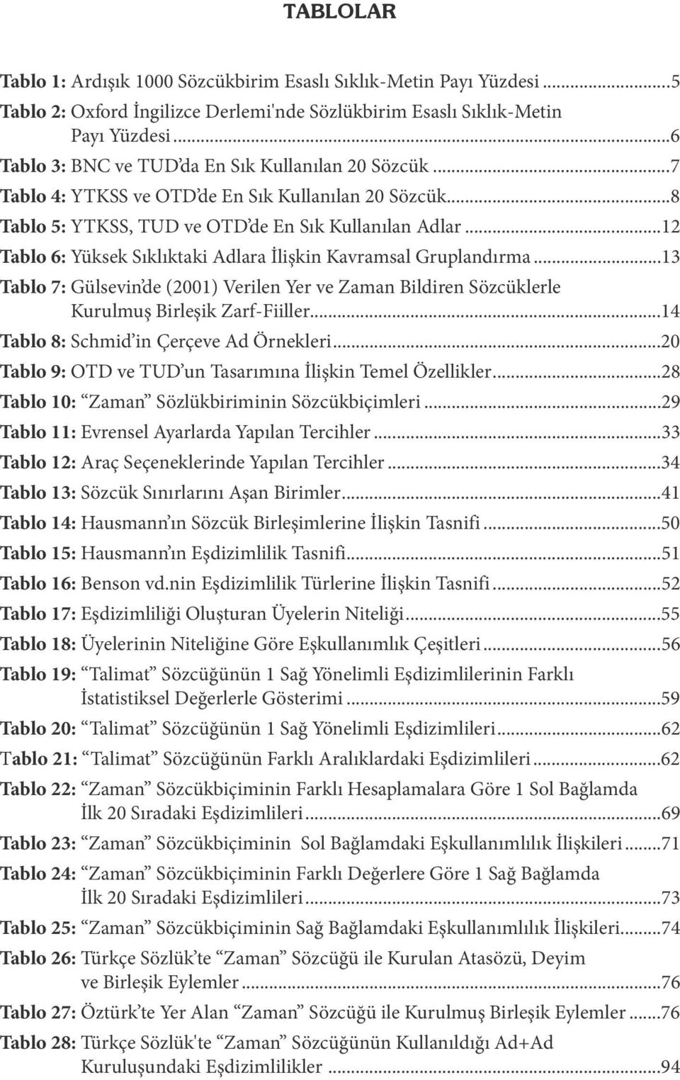 ..12 Tablo 6: Yüksek Sıklıktaki Adlara İlişkin Kavramsal Gruplandırma...13 Tablo 7: Gülsevin de (2001) Verilen Yer ve Zaman Bildiren Sözcüklerle Kurulmuş Birleşik Zarf-Fiiller.