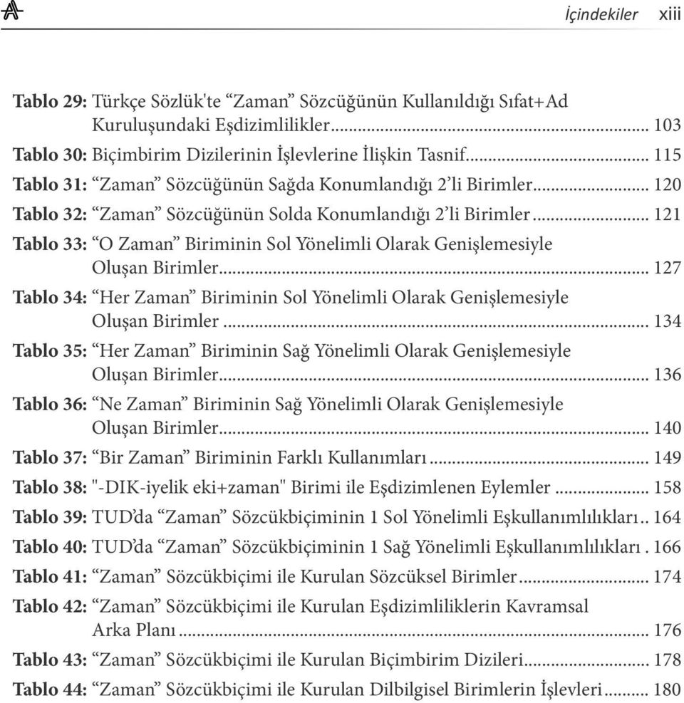 .. 121 Tablo 33: O Zaman Biriminin Sol Yönelimli Olarak Genişlemesiyle Oluşan Birimler... 127 Tablo 34: Her Zaman Biriminin Sol Yönelimli Olarak Genişlemesiyle Oluşan Birimler.