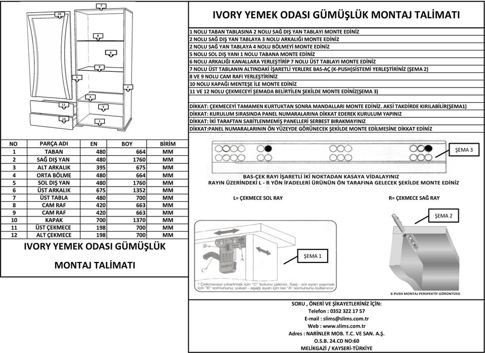 İLE MONTE EDİNİZ 11 VE 12 NOLU ÇEKMECEYİ ŞEMADA BELİRTİLEN ŞEKİLDE MONTE EDİNİZ() NO PARÇA ADI EN BOY BİRİM 480 664 480 1760 3 ALT ARKALIK 395 675 4 ORTA BÖLME 480 664 5 SOL DIŞ YAN 480 1760 6 ÜST