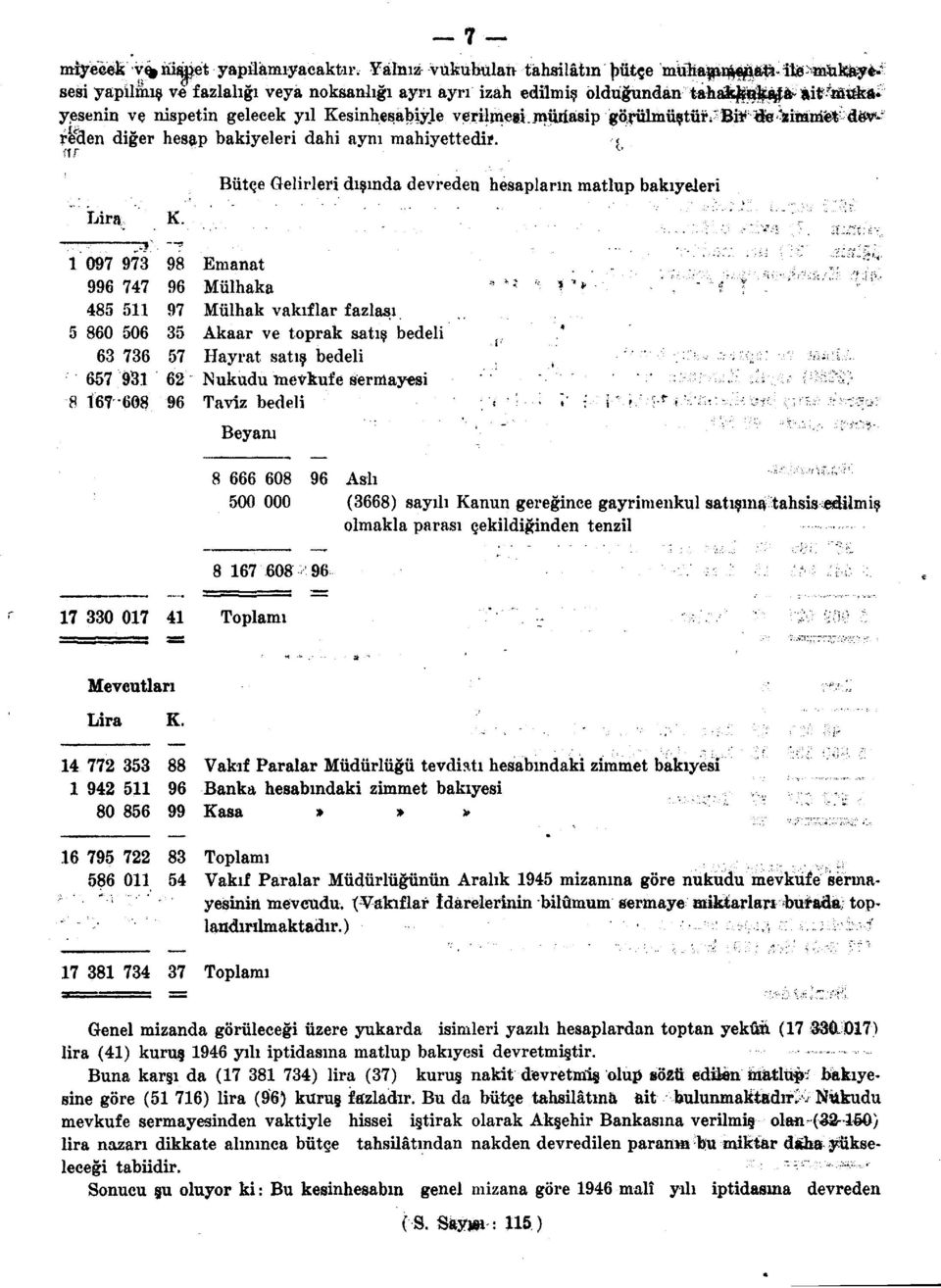 Kesinheşabiyle verilmeği.jmiıiasip gömülmüştür^ Bft fo himmet de^" rlfden diğer hesap bakiyeleri dahi aynı mahiyettedir. ftr Bütçe Gelirleri dışında devreden hesapların matlup bakiyeleri s/-.