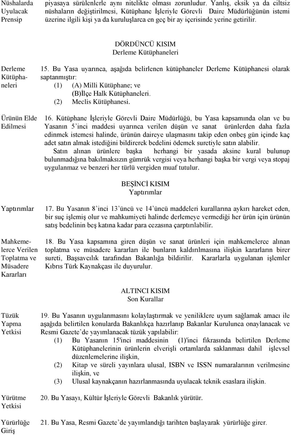 DÖRDÜNCÜ KISIM Kütüpha- 15. Bu Yasa uyarınca, aşağıda belirlenen kütüphaneler Kütüphanesi olarak saptanmıştır: neleri (1) (A) Milli Kütüphane; ve (B)İlçe Halk Kütüphaneleri. (2) Meclis Kütüphanesi.