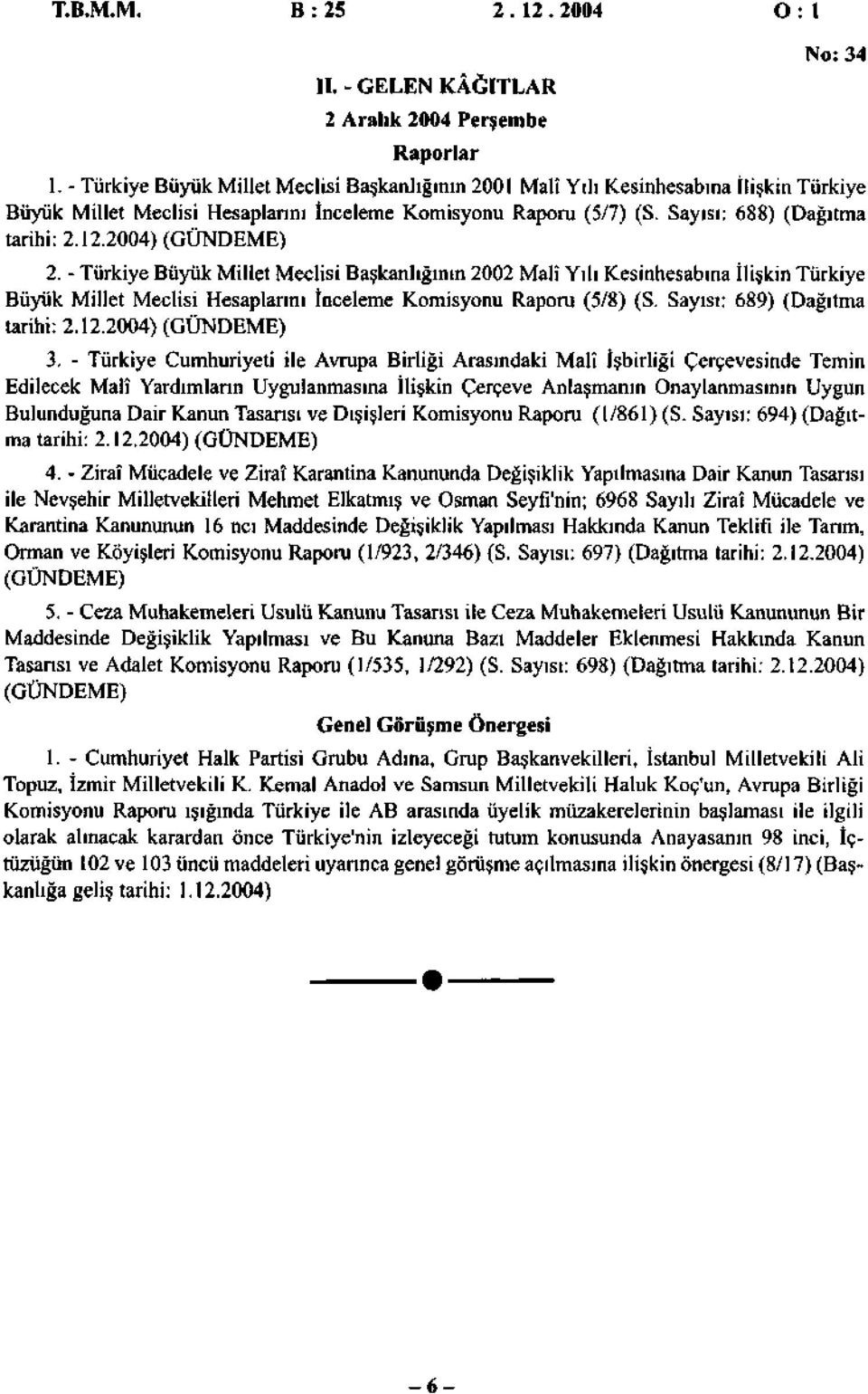 - Türkiye Büyük Millet Meclisi Bşknlığının 2002 Mlî Yılı Kesinhesbın İlişkin Türkiye Büyük Millet Meclisi Hesplrını İnceleme Komisyonu Rporu (5/8) (S. Syısı: 689) (Dğıtm trihi: 2.2.2004) (GÜNDM).