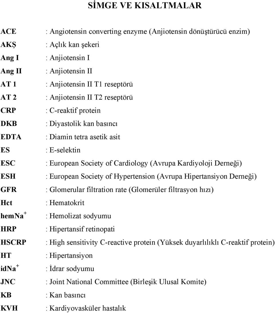 Society of Cardiology (Avrupa Kardiyoloji Derneği) : European Society of Hypertension (Avrupa Hipertansiyon Derneği) : Glomerular filtration rate (Glomerüler filtrasyon hızı) : Hematokrit : Hemolizat