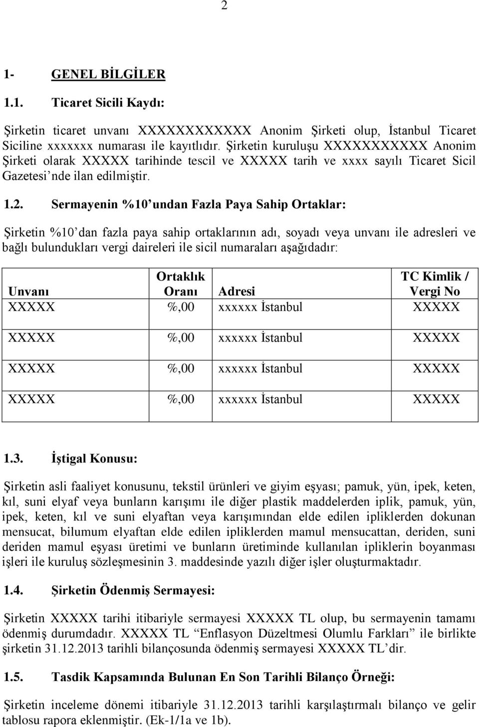 Sermayenin %10 undan Fazla Paya Sahip Ortaklar: Şirketin %10 dan fazla paya sahip ortaklarının adı, soyadı veya unvanı ile adresleri ve bağlı bulundukları vergi daireleri ile sicil numaraları