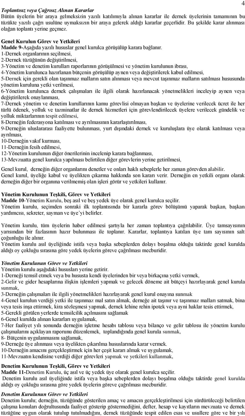 1-Dernek organlarının seçilmesi, 2-Dernek tüzüğünün değiştirilmesi, 3-Yönetim ve denetim kurulları raporlarının görüşülmesi ve yönetim kurulunun ibrası, 4-Yönetim kurulunca hazırlanan bütçenin