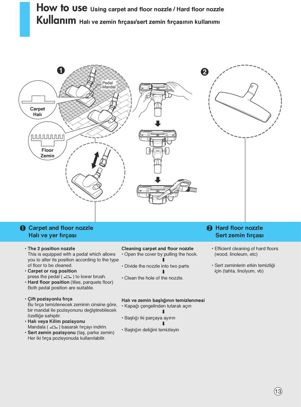 Carpet or rug position press the pedal ( ) to lower brush. Hard floor position (tiles, parquets floor) Both pedal position are suitable.