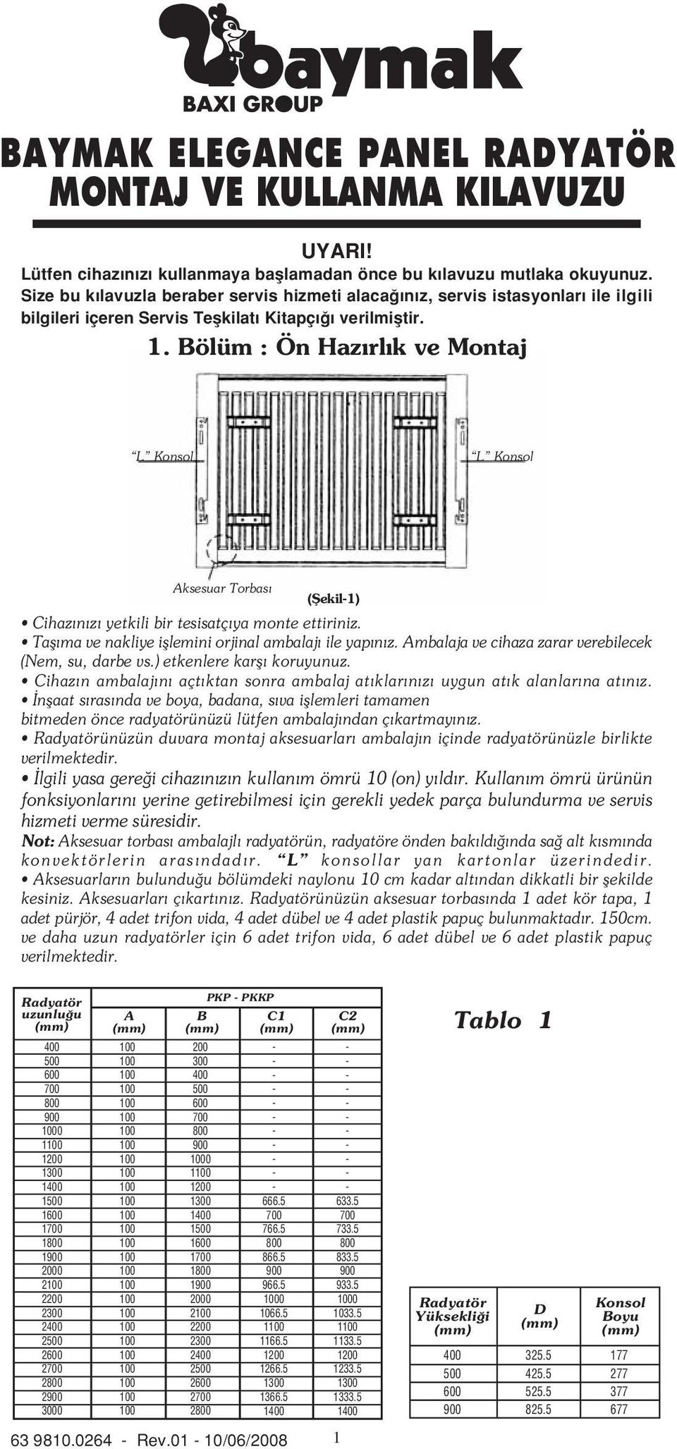 Bölüm : Ön Haz rl k ve Montaj L Konsol L Konsol Aksesuar Torbas (fiekil1) Cihaz n z yetkili bir tesisatç ya monte ettiriniz. Tafl ma ve nakliye ifllemini orjinal ambalaj ile yap n z.