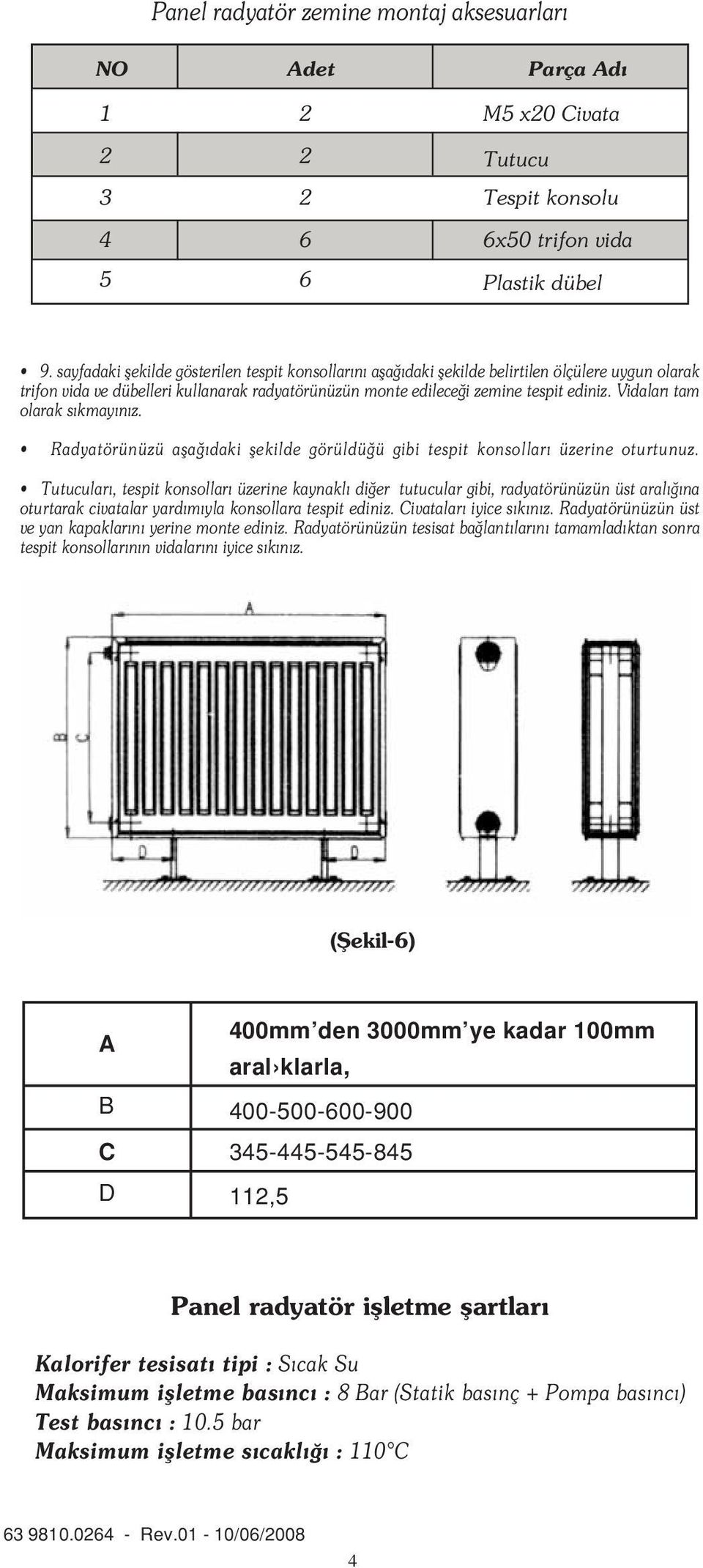 Vidalar tam olarak s kmay n z. Radyatörünüzü afla daki flekilde görüldü ü gibi tespit konsollar üzerine oturtunuz.