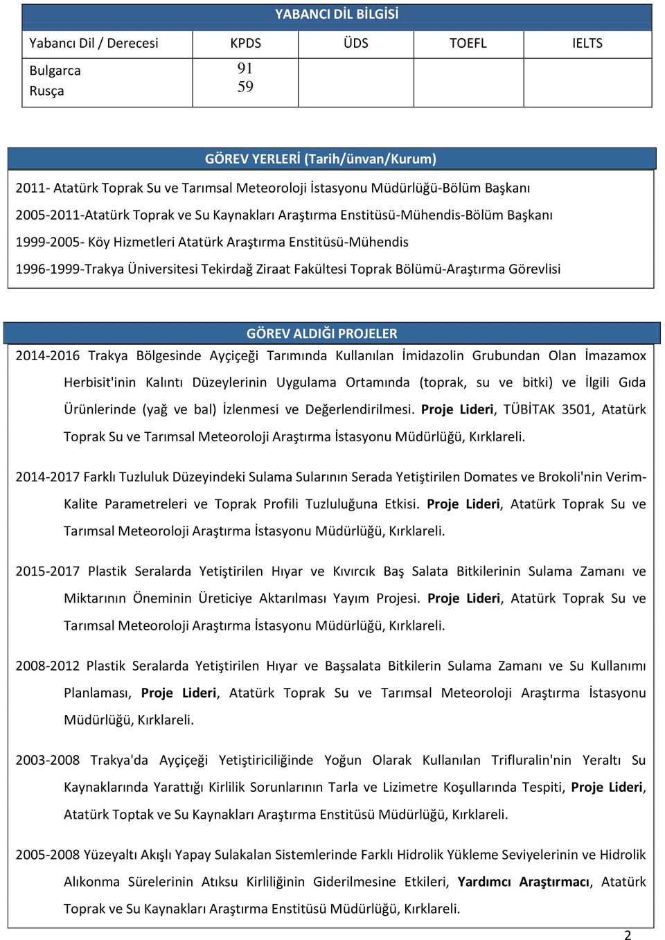 Ziraat Fakültesi Toprak Bölümü-Araştırma Görevlisi GÖREV ALDIĞI PROJELER 2014-2016 Trakya Bölgesinde Ayçiçeği Tarımında Kullanılan İmidazolin Grubundan Olan İmazamox Herbisit'inin Kalıntı