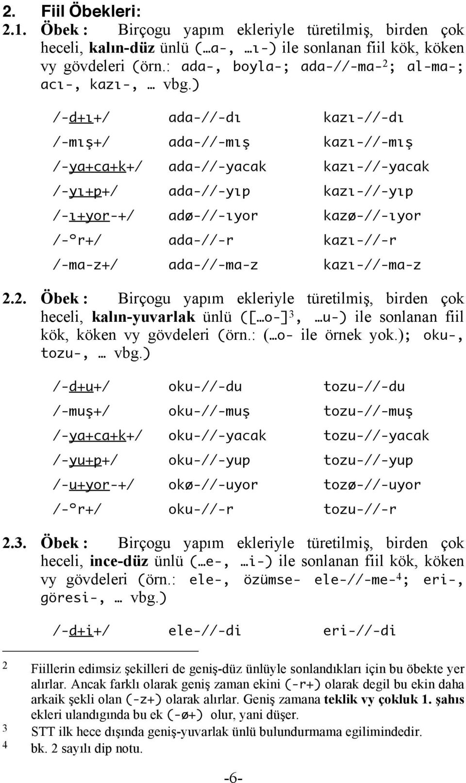 ) /-d+ı+/ ada-//-dı kazı-//-dı /-mış+/ ada-//-mış kazı-//-mış /-ya+ca+k+/ ada-//-yacak kazı-//-yacak /-yı+p+/ ada-//-yıp kazı-//-yıp /-ı+yor-+/ adø-//-ıyor kazø-//-ıyor /-ºr+/ ada-//-r kazı-//-r