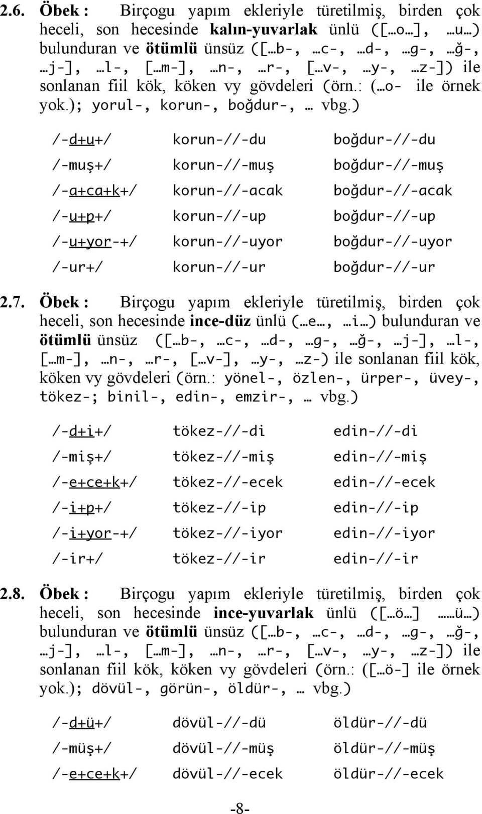 ) /-d+u+/ korun-//-du boğdur-//-du /-muş+/ korun-//-muş boğdur-//-muş /-a+ca+k+/ korun-//-acak boğdur-//-acak /-u+p+/ korun-//-up boğdur-//-up /-u+yor-+/ korun-//-uyor boğdur-//-uyor /-ur+/