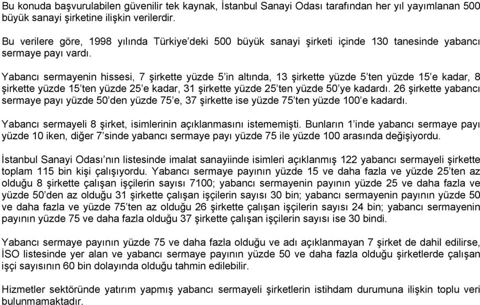 Yabancı sermayenin hissesi, 7 şirkette yüzde 5 in altında, 13 şirkette yüzde 5 ten yüzde 15 e kadar, 8 şirkette yüzde 15 ten yüzde 25 e kadar, 31 şirkette yüzde 25 ten yüzde 50 ye kadardı.