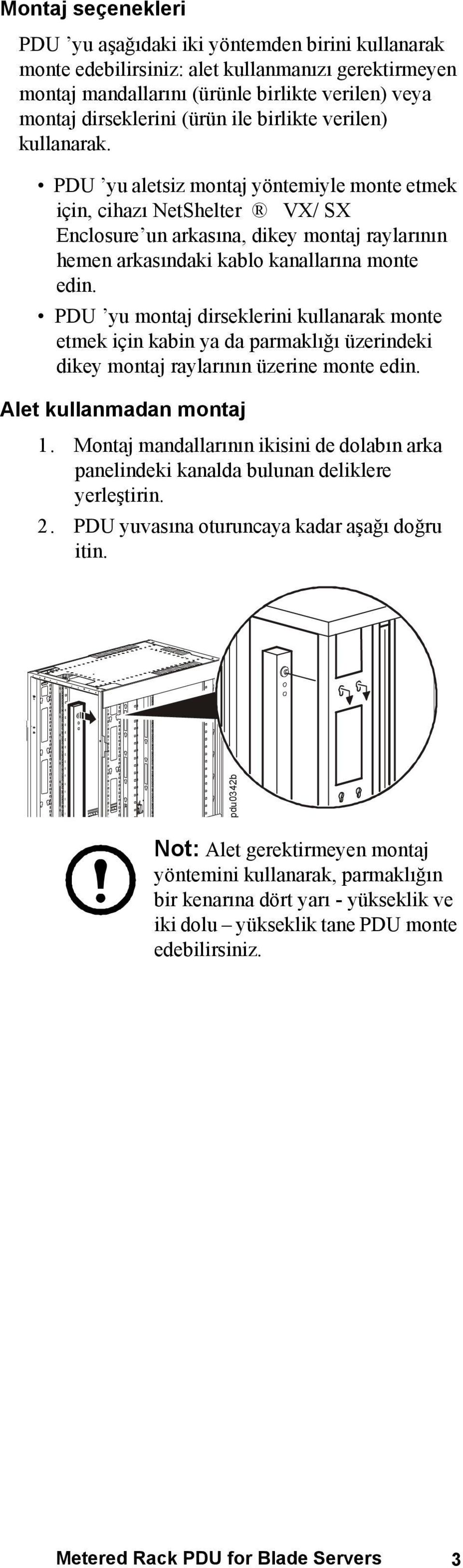 PDU yu aletsiz montaj yöntemiyle monte etmek için, cihazı NetShelter VX/ SX Enclosure un arkasına, dikey montaj raylarının hemen arkasındaki kablo kanallarına monte edin.