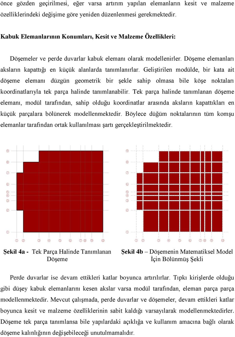 Geliştirilen modülde, bir kata ait döşeme elemanı düzgün geometrik bir şekle sahip olmasa bile köşe noktaları koordinatlarıyla tek parça halinde tanımlanabilir.