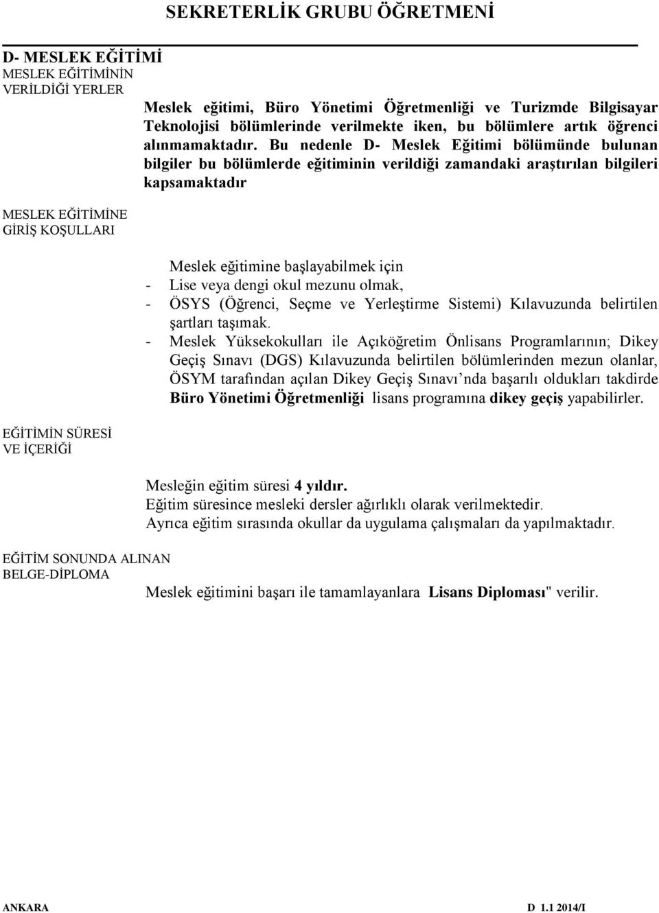 Bu nedenle D- Meslek Eğitimi bölümünde bulunan bilgiler bu bölümlerde eğitiminin verildiği zamandaki araştırılan bilgileri kapsamaktadır MESLEK EĞİTİMİNE GİRİŞ KOŞULLARI EĞİTİMİN SÜRESİ VE İÇERİĞİ