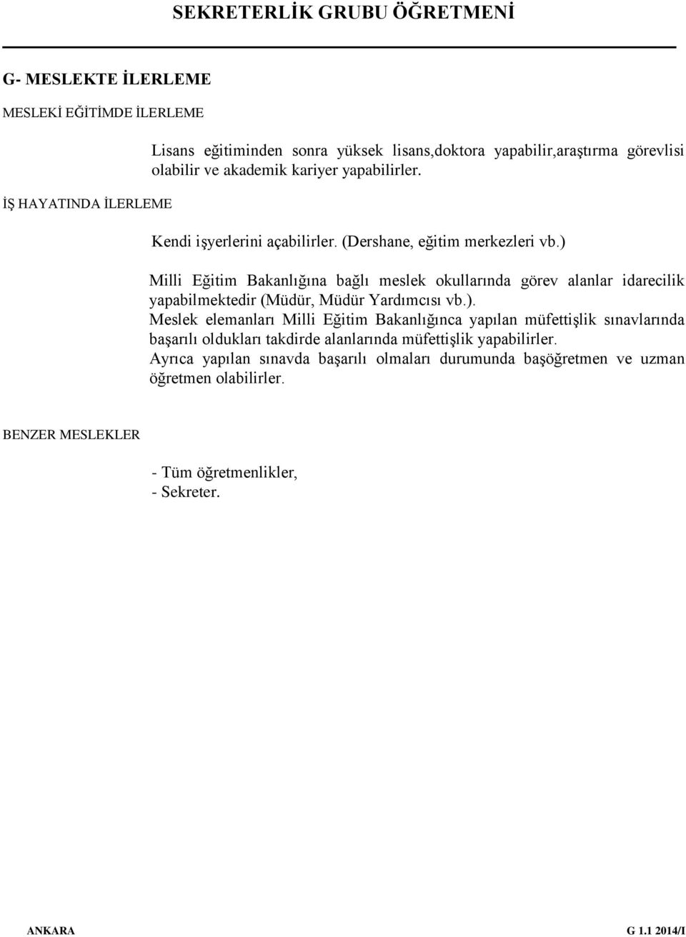 ) Milli Eğitim Bakanlığına bağlı meslek okullarında görev alanlar idarecilik yapabilmektedir (Müdür, Müdür Yardımcısı vb.). Meslek elemanları Milli Eğitim Bakanlığınca yapılan müfettişlik sınavlarında başarılı oldukları takdirde alanlarında müfettişlik yapabilirler.