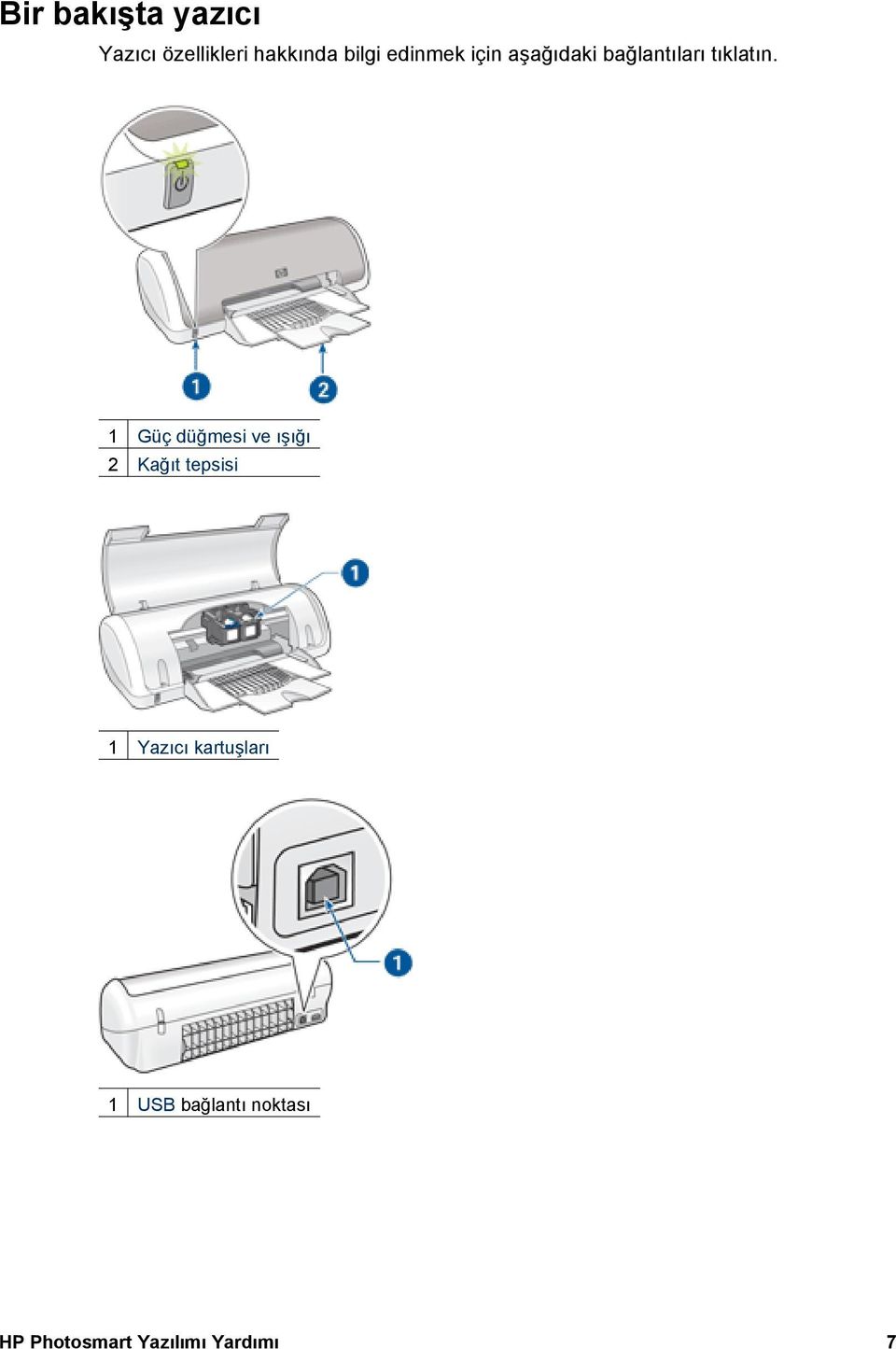 1 Güç düğmesi ve ışığı 2 Kağıt tepsisi 1 Yazıcı