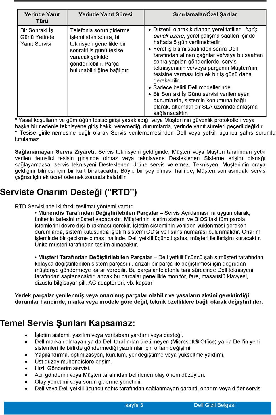 Yerel iş bitimi saatinden sonra Dell tarafından alınan çağrılar ve/veya bu saatten sonra yapılan gönderilerde, servis teknisyeninin ve/veya parçanın Müşteri'nin tesisine varması için ek bir iş günü