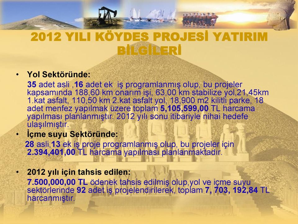 2012 yılı sonu itibariyle nihai hedefe ulaşılmıştır. İçme suyu Sektöründe: 28 asli,13 ek iş proje programlanmış olup, bu projeler için 2.