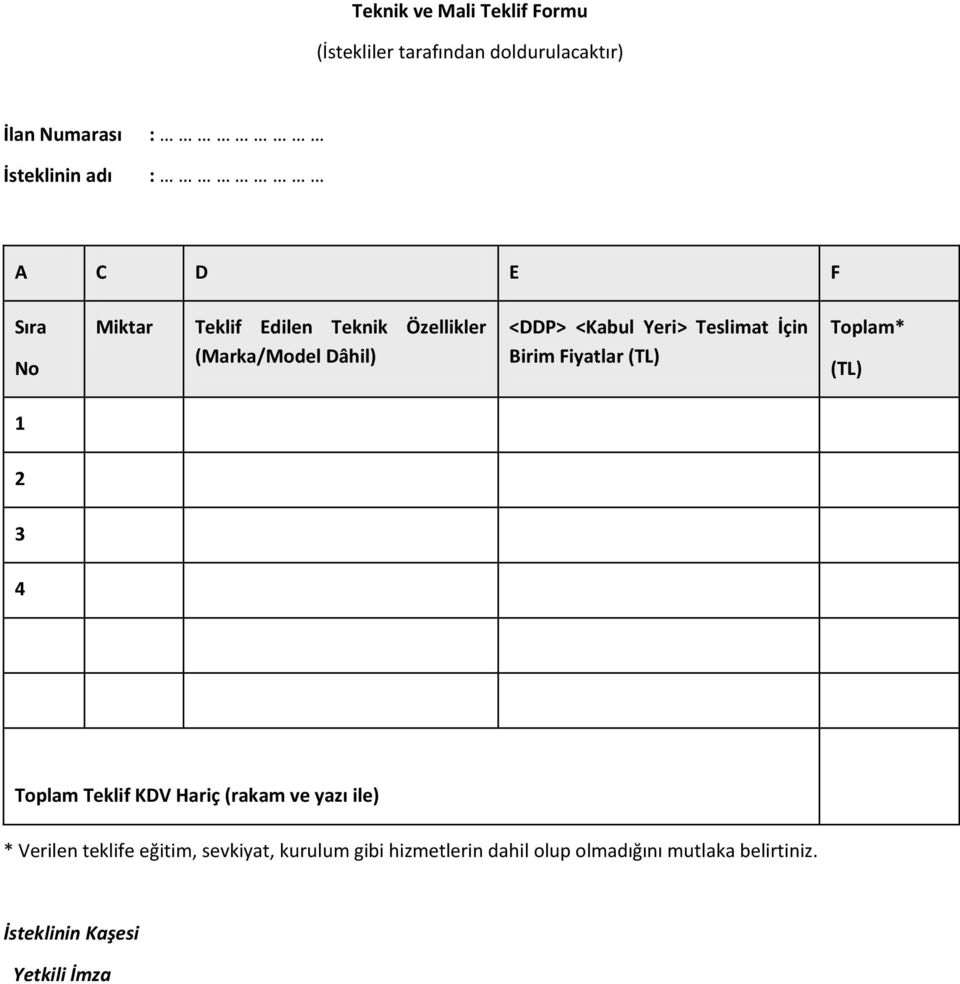 Birim Fiyatlar (TL) Toplam* (TL) 2 3 4 Toplam Teklif KDV Hariç (rakam ve yazı ile) * Verilen teklife