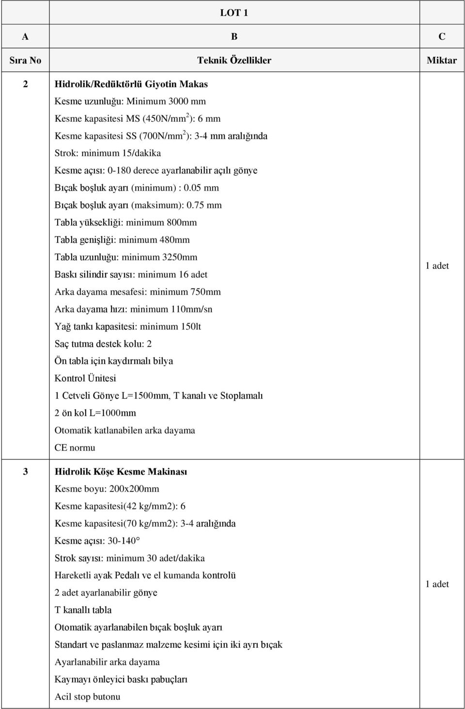 75 mm Tabla yüksekliği: minimum 800mm Tabla genişliği: minimum 480mm Tabla uzunluğu: minimum 3250mm Baskı silindir sayısı: minimum 16 adet Arka dayama mesafesi: minimum 750mm Arka dayama hızı: