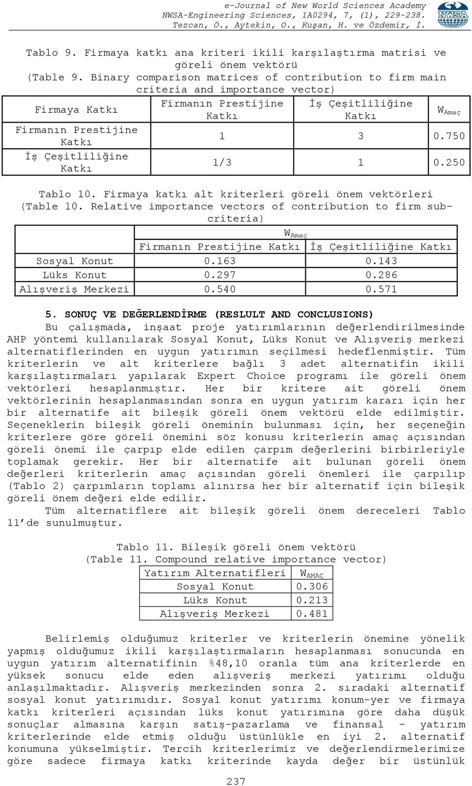 Katkı 1 3 0.750 1/3 1 0.250 Tablo 10. Firmaya katkı alt kriterleri göreli önem vektörleri (Table 10.