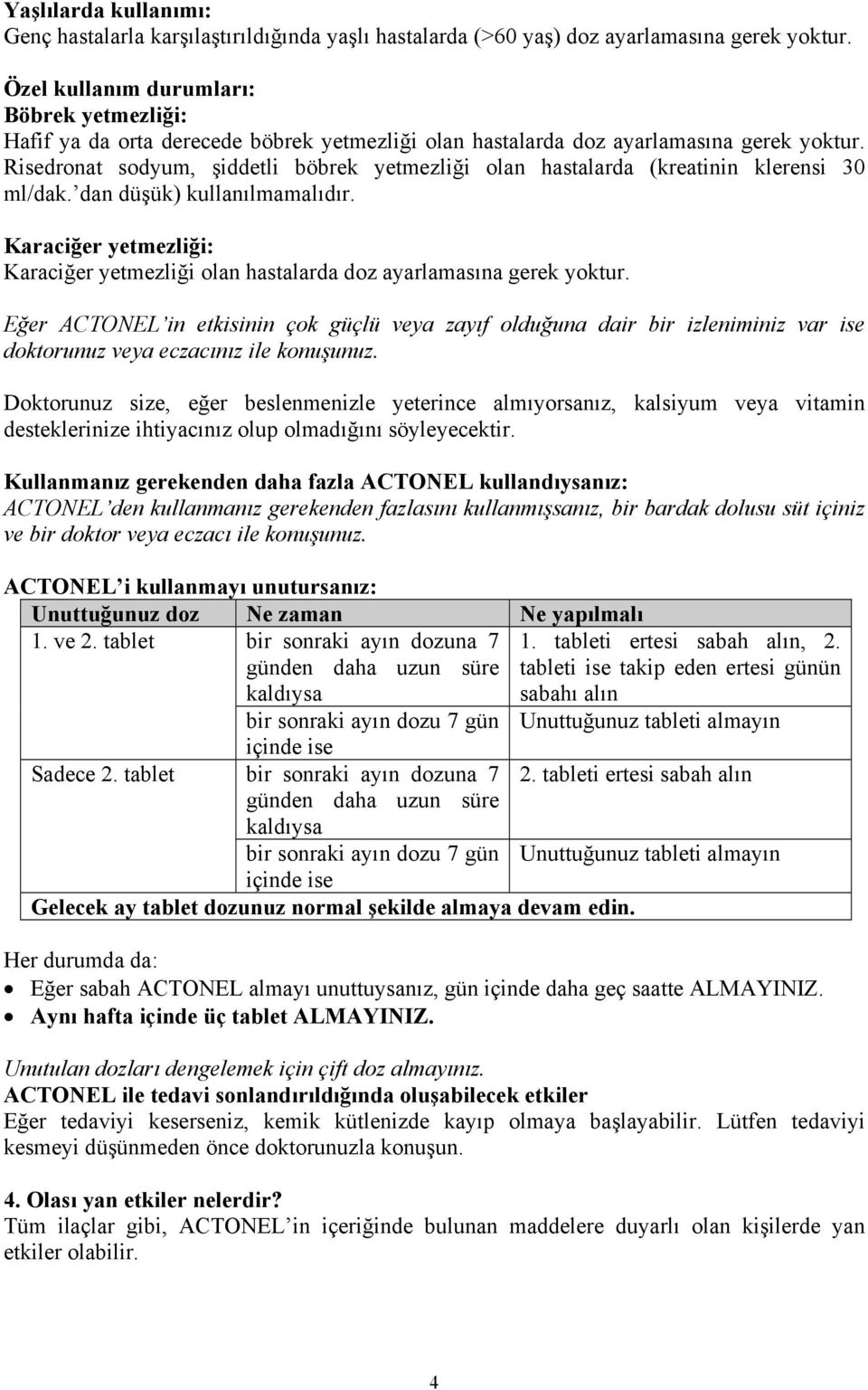 Risedronat sodyum, şiddetli böbrek yetmezliği olan hastalarda (kreatinin klerensi 30 ml/dak. dan düşük) kullanılmamalıdır.