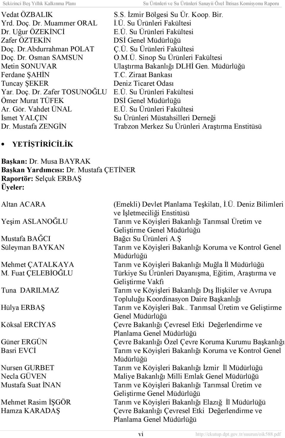 Ziraat Bankasõ Tuncay ŞEKER Deniz Ticaret Odasõ Yar. Doç. Dr. Zafer TOSUNOĞLU E.Ü. Su Ürünleri Fakültesi Ömer Murat TÜFEK DSİ Genel Müdürlüğü Ar. Gör. Vahdet ÜNAL E.Ü. Su Ürünleri Fakültesi İsmet YALÇIN Su Ürünleri Müstahsilleri Derneği Dr.