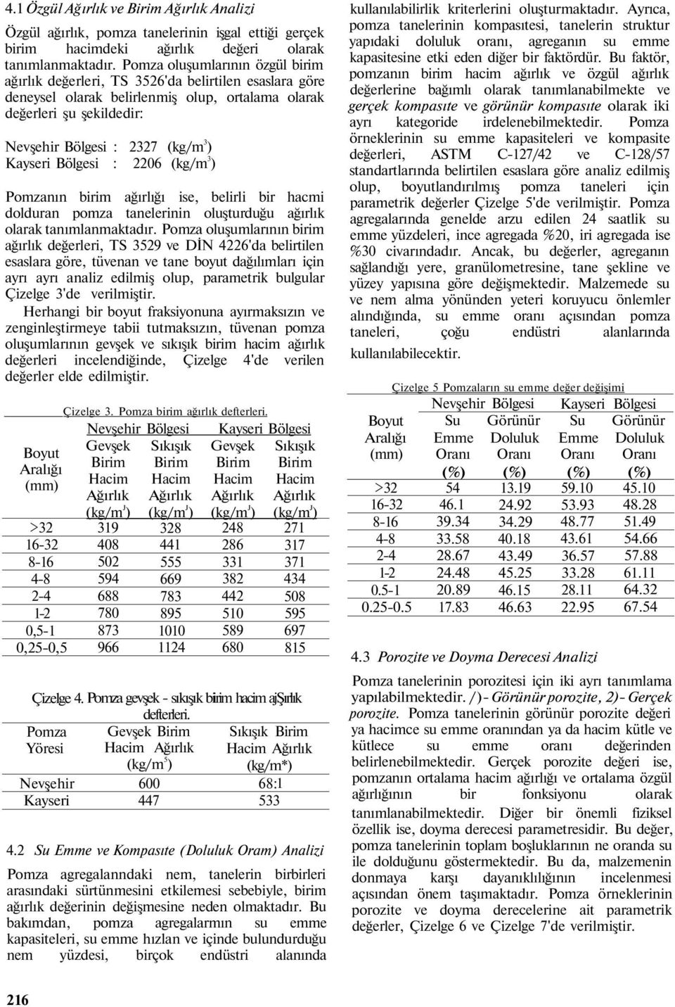 2327 (kg/m 3 ) 2206 (kg/m 3 ) Pomzanın birim ağırlığı ise, belirli bir hacmi dolduran pomza tanelerinin oluşturduğu ağırlık olarak tanımlanmaktadır.