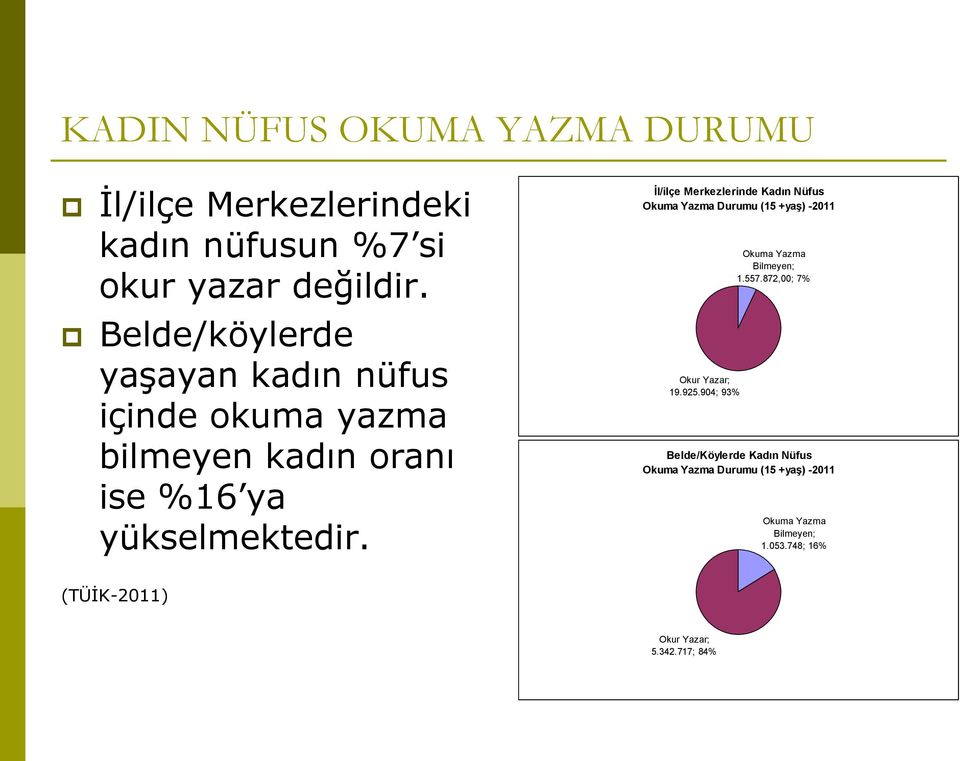 İl/ilçe Merkezlerinde Kadın Nüfus Okuma Yazma Durumu (15 +yaş) -2011 Okur Yazar; 19.925.