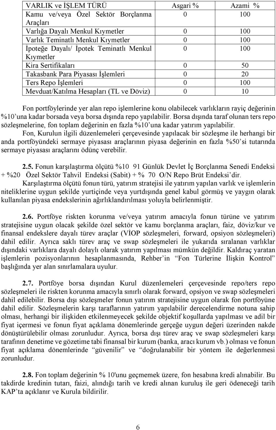 işlemlerine konu olabilecek varlıkların rayiç değerinin %10 una kadar borsada veya borsa dışında repo yapılabilir.